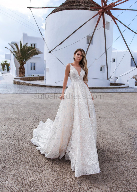 Glitter Ivory Tulle V Neck Maxi Wedding Dress